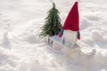 Christmas imp on sleigh with tree on snowy landscape. Christmas decoration