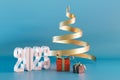 Christmas 2023. inscription 2023, gifts and ribbon in the form of a Christmas tree on a blue background. 3D render Royalty Free Stock Photo