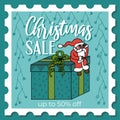 Christmas instagram illustration - stamp with Santa Claus sitting on a big gift