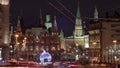 Christmas installation on Manezhnaya square, Historical museum and Kremlin towers timelapse