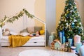 Christmas interior children's room, bedroom, nursery. Wooden shelves and toys. Royalty Free Stock Photo