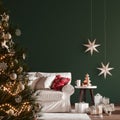 Christmas interior with Christmas tree and empty green wall background