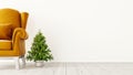 Christmas interior with classic gold armchair and small fir tree on white mock up background