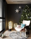 Christmas interior with cozy armchair, Christmas tree, lights, twinkle, candles and stars. New year interior background with warm Royalty Free Stock Photo