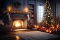 Christmas interior with decorated Christmas tree, presents and fireplace. Christmas background. Royalty Free Stock Photo