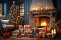 Christmas interior with decorated Christmas tree, presents and fireplace. Christmas background. Royalty Free Stock Photo