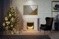 Christmas interior with a decorative fireplace with burning candles, a cozy armchair, a Christmas tree with gifts. A horizontal po