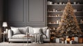 Christmas interior design, decorated Xmas tree with presents. holiday living room. Grey and white colors. Royalty Free Stock Photo