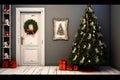 Christmas interior design with door & tree Royalty Free Stock Photo