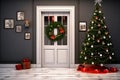 Christmas interior design with door & tree Royalty Free Stock Photo