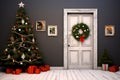 Christmas interior design with door & tree Royalty Free Stock Photo