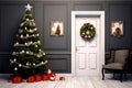 Christmas interior design with door & tree Royalty Free Stock Photo