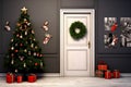 Christmas interior design with door & tree Royalty Free Stock Photo