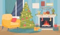 Christmas interior with fireplace. Home hearth. Festive garlands. Gift socks. Present boxes. Cozy room. Decorated house Royalty Free Stock Photo
