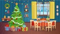 Christmas interior with fireplace, Christmas tree window and armchairs. ÃÂ¡artoon vector illustration Royalty Free Stock Photo