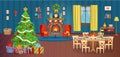 Christmas interior with fireplace, Christmas tree, window, armchairs, bookshelf, desk and holiday table with food. ÃÂ¡artoon vector