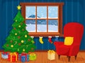 Christmas interior of the living room with a Christmas tree, gifts and a fireplace and single soft armchair with pillow. Vector Royalty Free Stock Photo