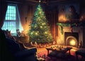 Christmas interior. Living room with walls, blue sofa and gold and blue Christmas decorations on Christmas tree. Generative AI