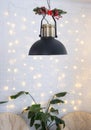 Christmas interior of a loft-style house with a black decorated retro lampshade and indoor plants of Strelitzia nicolai. New Year