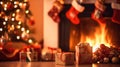 Christmas interior. magical glowing Christmas tree, fireplace and gifts