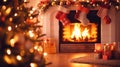 Christmas interior. magical glowing Christmas tree, fireplace and gifts