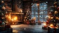 Christmas interior. magical glowing Christmas tree, fireplace and gifts