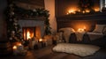 christmas interior. magical glowing Christmas tree, fireplace, gifts i