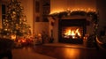 christmas interior. magical glowing Christmas tree, fireplace, gifts i