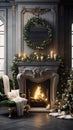 Christmas interior of a modern country house with a fireplace. Vertical New Year background, greeting card. Royalty Free Stock Photo