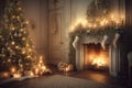 Christmas interior room fireplace. Generate Ai Royalty Free Stock Photo