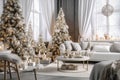 Christmas interior of the room, living room, with Christmas tree, sofa, candles, decorations. Happy new year and merry christmas. Royalty Free Stock Photo