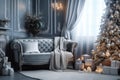 Christmas interior of the room, living room, with Christmas tree, sofa, candles, decorations. Happy new year and merry christmas. Royalty Free Stock Photo