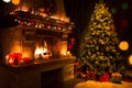 Christmas interior with tree, presents and fireplace