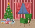 Christmas interior. Vector illustration of a New Year s interior. A Christmas tree with gifts near the window and a Royalty Free Stock Photo