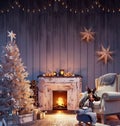 Christmas interior with white Christmas tree decoration and burning fireplace