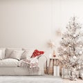 Christmas interior with white Christmas tree and empty white wall background Royalty Free Stock Photo