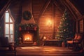 Christmas interior wood room. Generate Ai Royalty Free Stock Photo