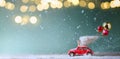 Christmas invitation card background; Christmas tree on toy car, Christmas gift and holidays ornament Royalty Free Stock Photo
