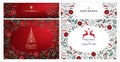Christmas invitation card set of Christmas tree, reindeer, poinsettia, leaves, branches, berries, holly, star. Happy New Year Royalty Free Stock Photo