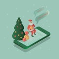 Christmas isometric illustration. Santa Claus delivering gifts, online presents to people, 3D Vector Santa throwing Royalty Free Stock Photo