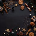 Christmas items on flat black background in flat lay perspective, neural network generated art Royalty Free Stock Photo
