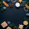 christmas items on flat black background in flat lay perspective, neural network generated art Royalty Free Stock Photo