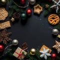 christmas items on flat black background in flat lay perspective, neural network generated art Royalty Free Stock Photo