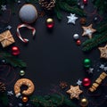 christmas items on flat black background in flat lay perspective, neural network generated art Royalty Free Stock Photo