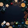 christmas items on flat black background in flat lay perspective, neural network generated art Royalty Free Stock Photo