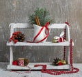 Christmas items in wooden shelf