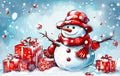 Christmas Joy: Snowman and Gift Boxes - Generative AI Royalty Free Stock Photo