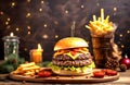 Christmas Juicy cheeseburger with fries on a wooden board