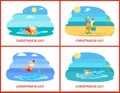 Santa Christmas Relaxing on Water and Beach Vector