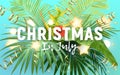 Christmas in July typography design with tropical palm leaves and flowers. Summer floral vector background. Royalty Free Stock Photo